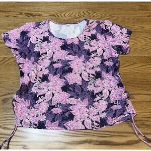 ELLA MAR 2X Floral Purple Pink Modest Stretch Swim Top / Shirt Ties at Sides